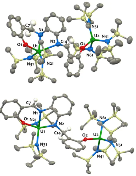 Figure II.9. Solid-state molecular structure of the two isomeric forms of [U 2 (µ-salophean){N(SiMe 3 ) 2 } 5 ] 5-a  (top) and 5-b (bottom)