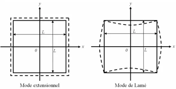 Figure 11 : Sché ma bidime nsionne l de de ux plaques carrées à mode de vibration extensionne l (gauche )  et de Lamé  (droite) 