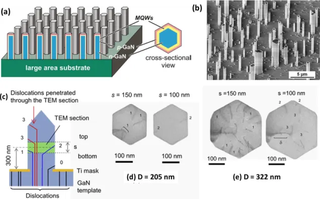 Figure 1.10: (a) Taken from Ref. 68: Schematics of core-shell geometry for InGaN/GaN based LED; (b)  Adapted from Ref