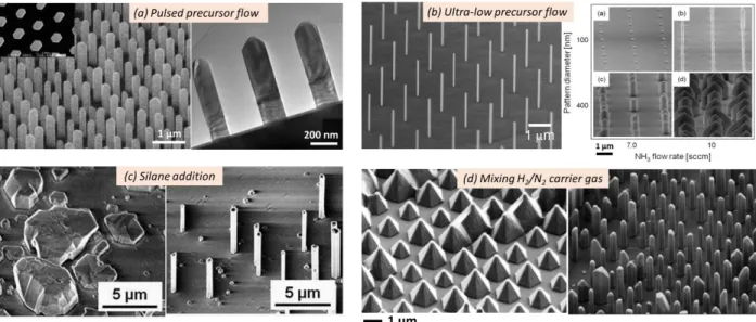 Figure 1.11: Catalyst-free MOVPE methods to grow GaN wires: (a) SEM and TEM images of ordered  GaN wire arrays grown by pulsed precursor mode, adapted from Ref