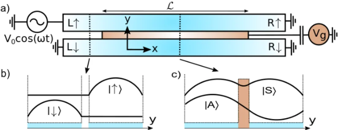 Figure 4.2: Upper panel: schematic of the flying qubit geometry. Two wires labeled ↑,