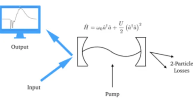 Figure 3.1: Schematic plot of the setup considered in this manuscript. A cavity mode with Kerr nonlinearity is driven by an incoherent pump and subject to two-photons losses.