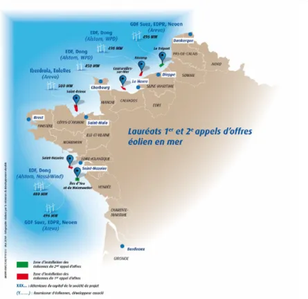 Figure 1.10 – Résultats des appels d’offres du ministère de l’écologie du développement durable et de l’énergie, pour la construction de fermes éoliennes sur les côtes françaises [34].