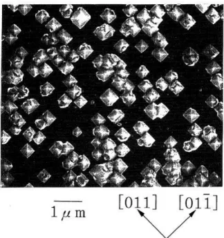 Figure II.21: Image MEB de cristaux de diamant épitaxiés à la surface d'un substrat d'iridium (001) [Sawabe96]