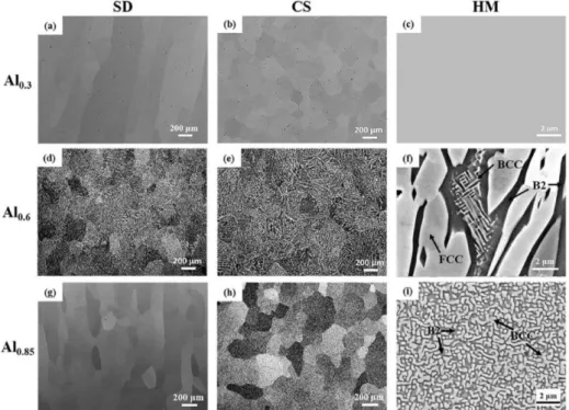Figure 21 : Microstructures d'alliages Al x CoCrFeNi avec x=0,3 (a-c), x=0,6 (d-f) et x=0,85(g-f) fait par DLD, observation  parallèle au sens de construction (SD), perpendiculaire au sens de construction (CS) et avec un grandissement plus important 