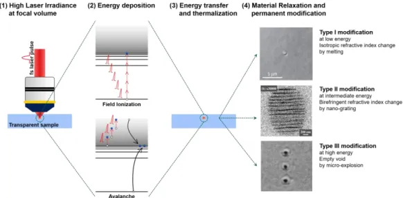 Figure 3 The process and results of interaction of fs laser pulse and transparent  materials : (1) high laser irradiance at focal volume in transparent material; (2) process of 