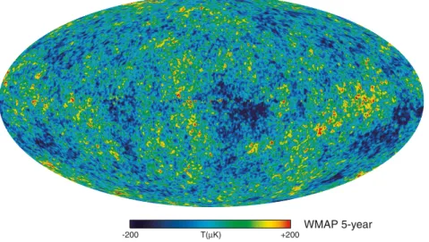 Figure 1.2 – Fluctuations de temp´erature du CMB mesur´ees par le satellite WMAP. Ces ﬂuctuations sont de l’ordre d’un pour cent-mille, confortant de ce fait l’utilisation du principe cosmologique