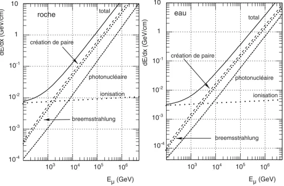 Fig. II.8 – Evolution de la perte d’énergie des muons dans la roche (à  gauche) et l’eau (à droite) en fonction de leur énergie [98]