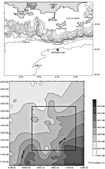 Fig. II.23 – En haut, carte géographique du site d’A NTARE s. En bas, relevé  bathymétrique du site