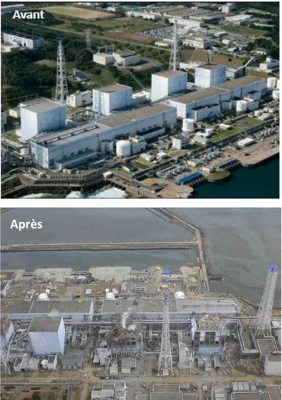 Figure 1-2 : Photos de la centrale de Fukushima avant et après la catastrophe du 11 mars 2011 