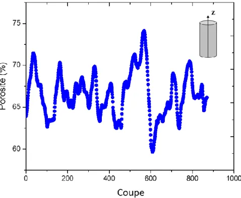 Figure 3-13 : Evolution de la porosité 2D le long d'axe (par exemple Z) pour l'échantillon de mousse