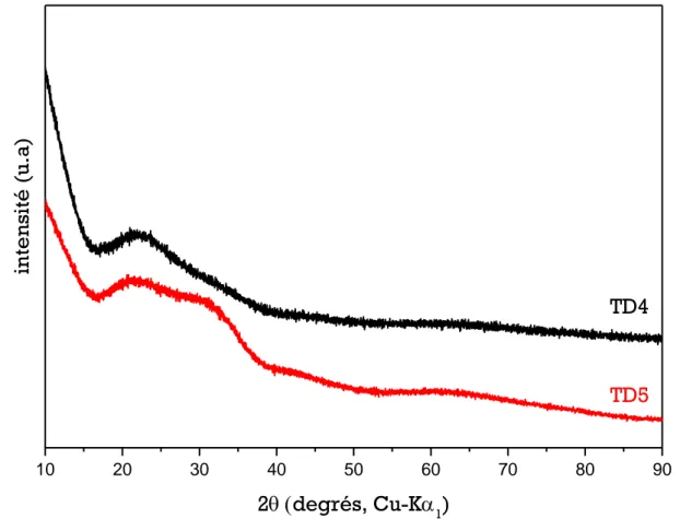 Figure 2.3 - Diffractogrammes de rayons X des verres TD4 et TD5 ne montrant pas de cristallisation  significative