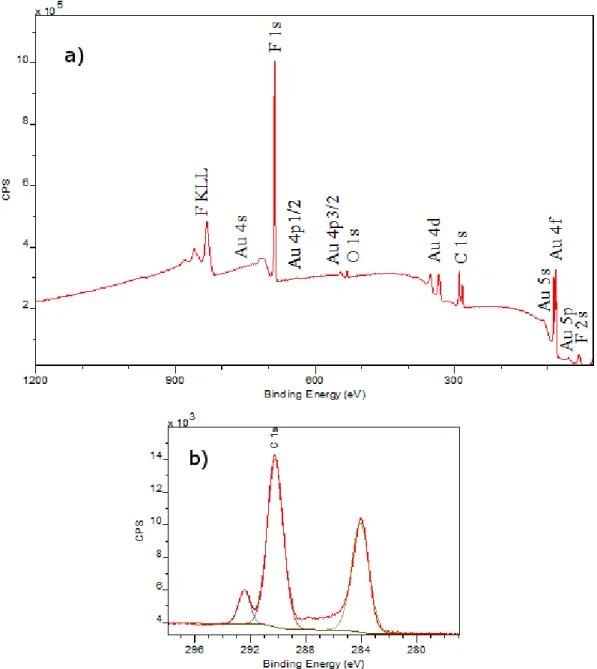 Figure II.12: XPS survey spectra (a) and high resolution spectra of the C 1s region (b) of a DzF8 grafted layer on gold