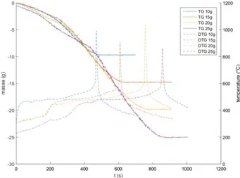 Figure 2 COMBUSTION DU PE : MASSE ET  TEMPERATURE EN FONCTION DU TEMPS