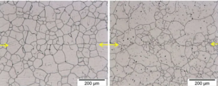 Figure 9: Diffusion welded 316L joints showing an  homogenous, optimum microstructure (left) and a  microstructure characterized by abnormal grain growth  (right, dots are artifacts)