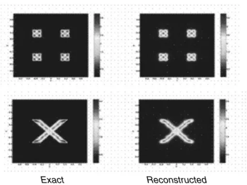 Figure 13.5. Multiple cracks and non-convex cracks: temperature discontinuities, original ﬁelds and their reconstructions [BEN 05]