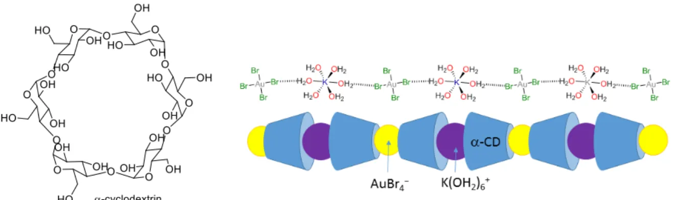 Figure 24 Spontaneous assembly of a-cyclodextrin (a-CD) with KAuBr      4  in water to form a  one-dimensional extended-extended chain superstructure