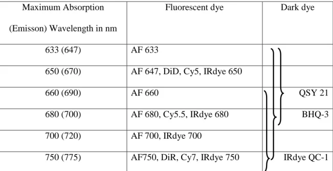 Table 2: Fluorescent dyes  grouped depending on their spectral  properties  and possible  dark dye quenchers
