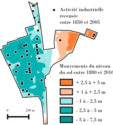 Fig. 2. Mouvements du sol entre 1880 et 2016 et industries recensées dans la base BASIAS