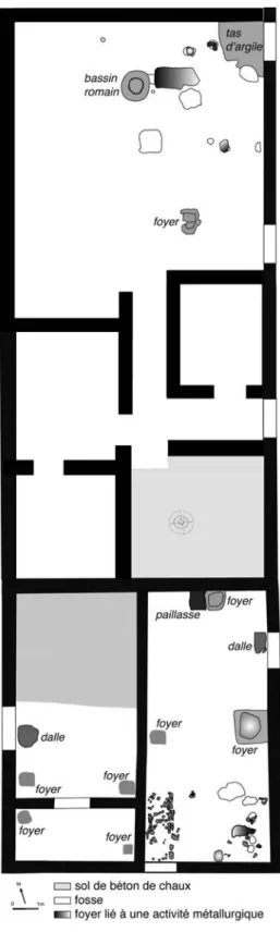 Fig. 5. Plan de l’îlot phase 7 (125 – 40/30 av. J.-C.) : la forge du nord-est dans le module nord   (principaux aménagements) et son espace domestique dans le module central ; le module sud avec  