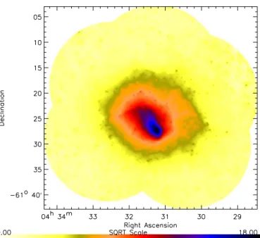 Fig. 1. Low energy (0.5-2.5 keV) wavelet reconstructed EMOS X-ray image of A3266. The image clearly shows the strong change of isophotal orientation with distance from the centre, the compression of the isophotes toward the SW in the central region, and th