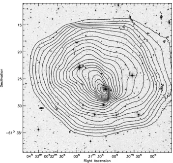 Fig. 2. Digital Sky Survey image of A3266 with low energy (0.2-2.5 keV) XMM EPIC contours superimposed.