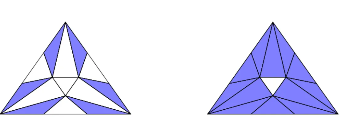 Figure 5: 3-process affine tasks R 1−T &amp;S and R 2−T &amp;S with their facets displayed in blue