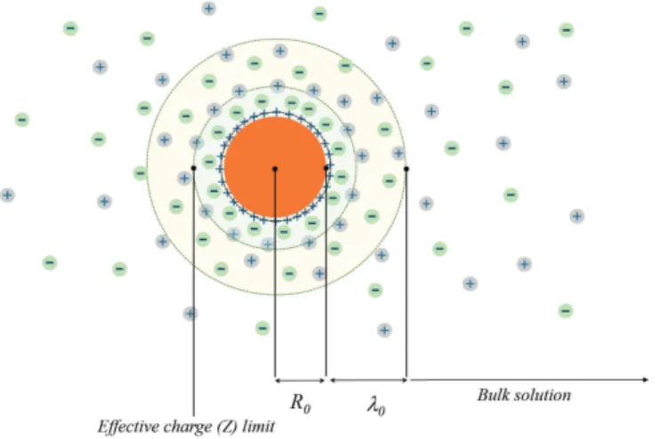 FIG. 1. The schematic presentation of the multiply-charged colloidal particle surrounded by the cloud of counter-ions.