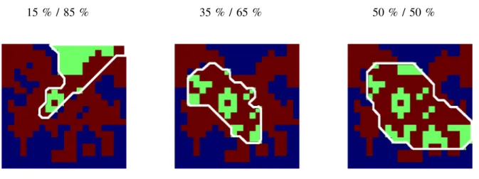 Fig. 9. Overlaps between the parcellation masks (green parcel delimited by the white line) and the global activation map (red).