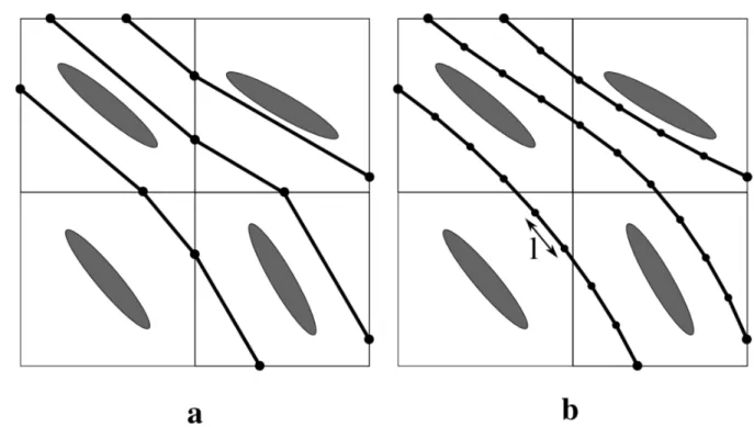 Figure  12.  Méthode  de  tractographie  avec  interpolation.  Les  voxels  sont  représentés  avec  leur  EAP  représentant leur direction de diffusivité principale