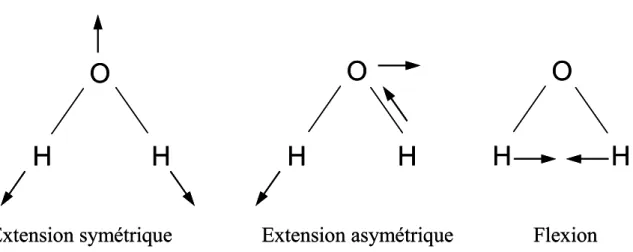 Figure 2.5. Schémas illustrant les vibrations provoquées par le rayonnement infrarouge sur  la molécule d’eau dissoute dans le verre silicaté (Ihinger et al., 1994)