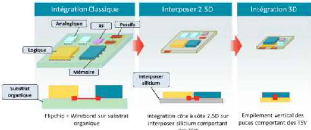 Figure 7 : Représentation de l’évolution des différents interposeurs passant du 2D à l’intégration 3D [8]