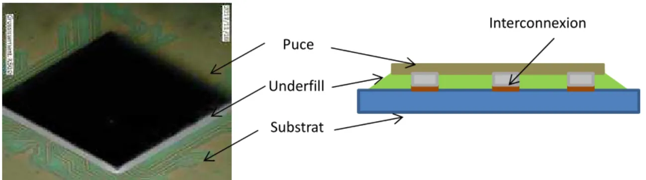 Figure 23 : Vues d’une puce assemblée sur un substrat avec underfill, vue globale et vue en coupe