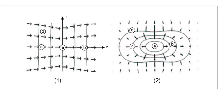 Fig. I.9 : Distribution spatiale dans la r´ egion du foyer du vecteur d’onde laser k 1 (1) et du vecteur d’onde K associ´ e la phase atomique (2) d’apr` es [Balcou et al