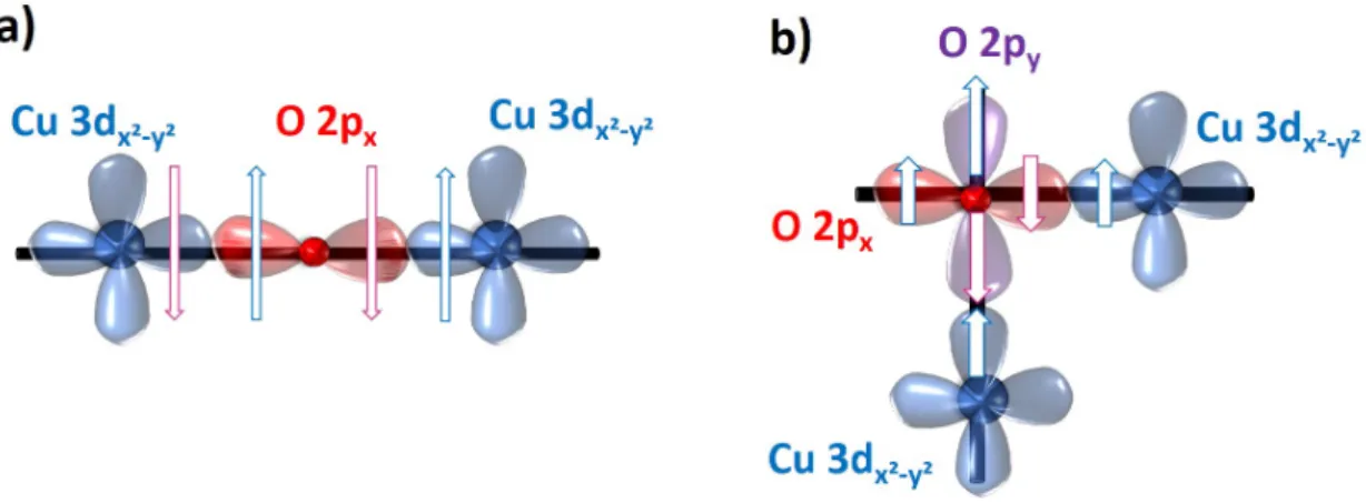 Figure 1.22 Nature des orbitales participant aux interactions de superéchange (a) antiferromagnétique et (b) ferromagnétique dans SrCuO 2 .