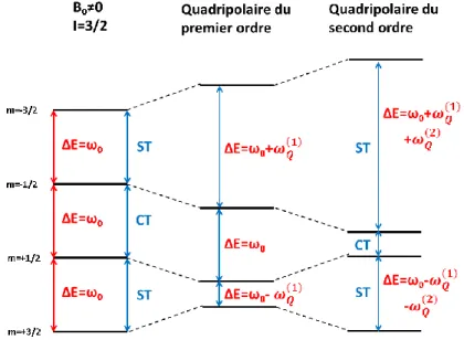 Figure  II-4  :  schéma  de  l'effet  de  l'interaction  quadripolaire  pour  un  spin  3/2  sur  les  niveaux  d’énergies