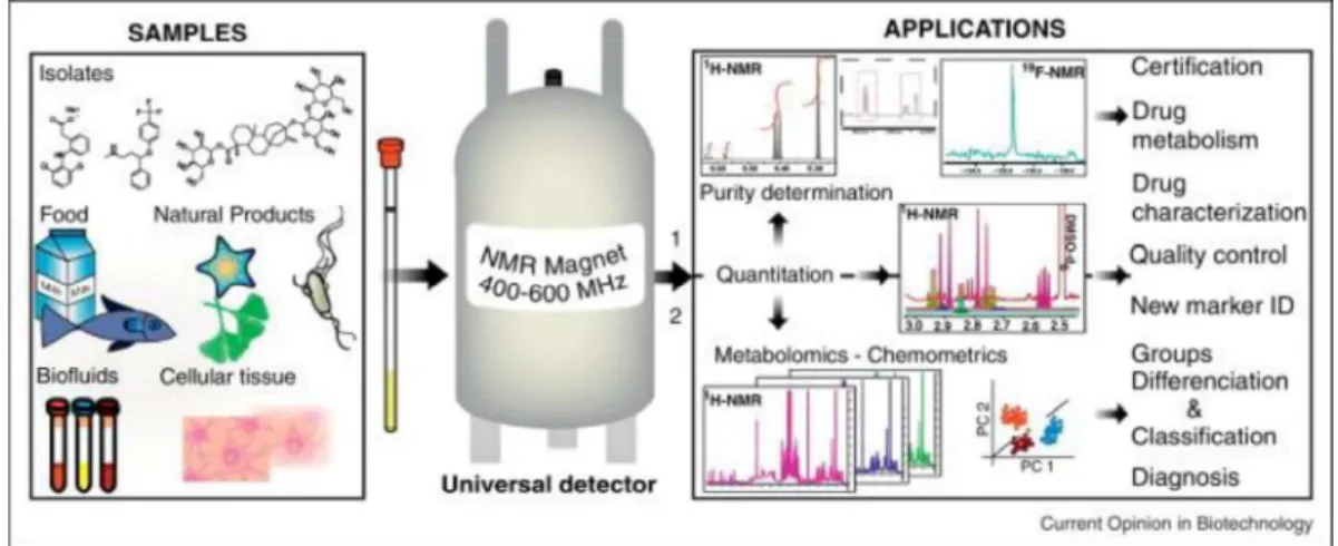 Figure 1: Sample varieties and panel of qNMR applications The current applications of qNMR can be dvided in  two  main  groups:  (1)  absolute  quantitation  and  purity  determination  of  organic  compounds  (drugs,  primary  metabolites, natural product