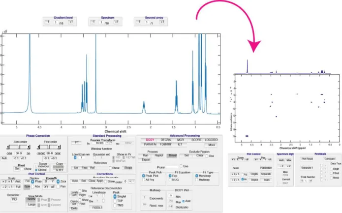 Figure 9: DOSYToolbox view to illustrate the processing of DOSY data.  