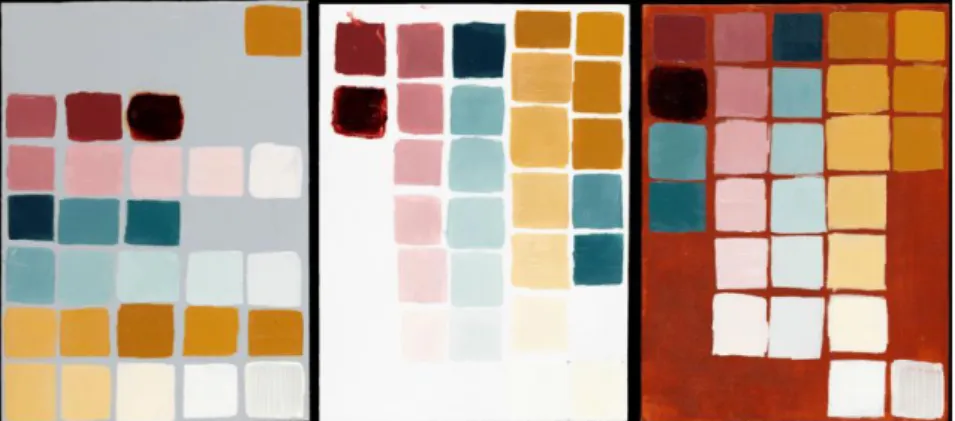 Figure III-1 - Echantillons de dégradés de couleurs, planches sous trois fonds différents (gris,  blanc et rouge) © C2RMF, Jean-Louis Bellec 