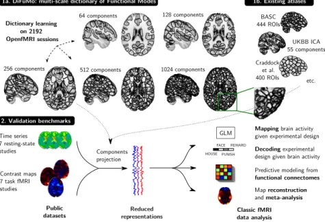 Figure 3.2: Schema of DiFuMo atlases and their usage in typical fMRI anal- anal-yses. DiFuMo atlases are extracted from a massive concatenation of BOLD