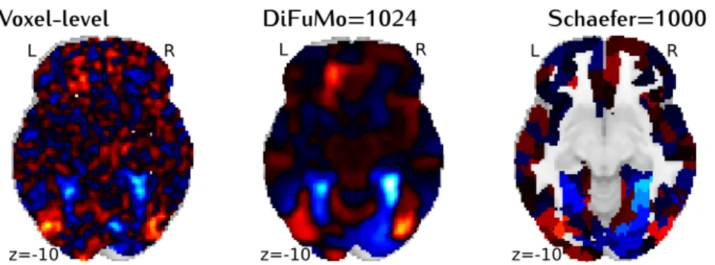 Figure 3.4: Decoding maps of the working memory task, face versus rest, showed for Voxel-level analysis, DiFuMo , and Schaefer