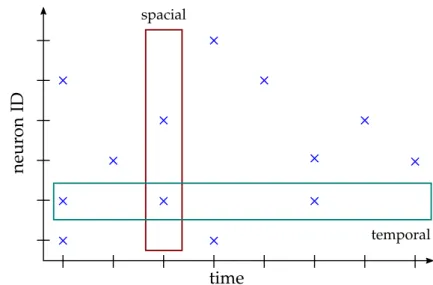 Figure 2.6: Visualization of spatial and temporal sparsity. Blue crosses represent non-zero values of the neuron output.