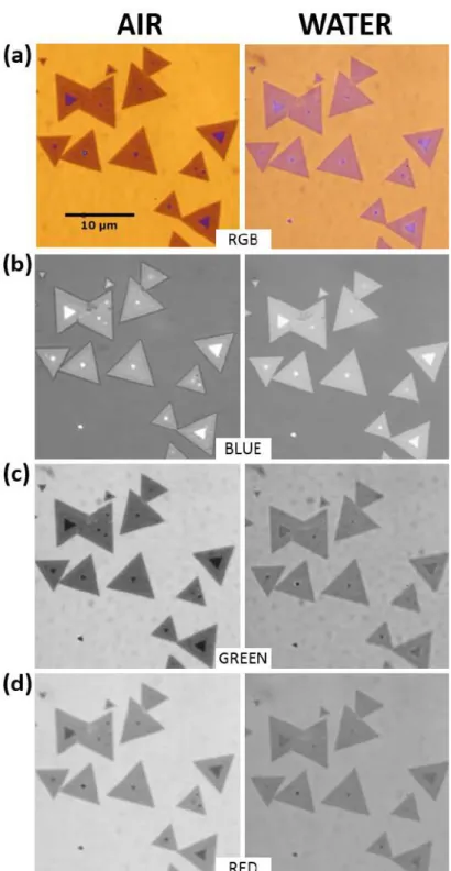 Figure II.15: Wavelength dependence of MoS 2 BALM contrast. Images in air and water (a) without filters, (b) 450 nm filter and only the blue channel of the camera, (c) 550 nm filter and only the green channel, (d) 650 nm filter and only the red channel.