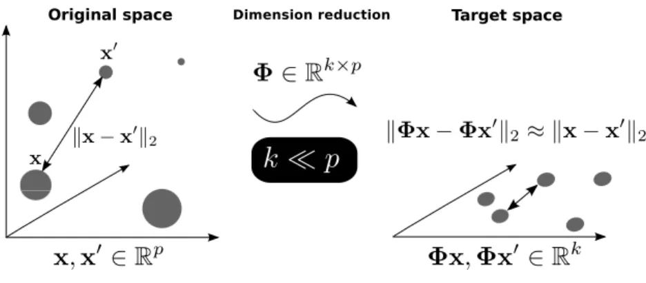 Figure 3.1: Lipschitz embedding via linear mapping: Perform a linear dimension reduction with a mapping that preserves the Euclidean distance between the points