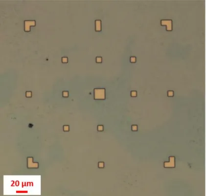 Figure 14 : Exemple de lithographie électronique sur un échantillon de graphène formé sur film mince de cobalt (200 nm)