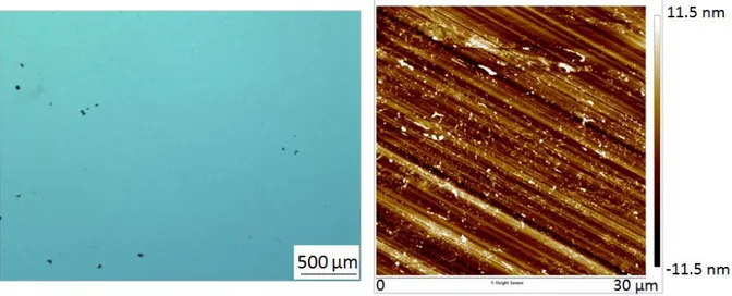 Figure 2.1  À gauche, image en microscopie optique de la surface d'une plaquette brute de New Diamond Technology
