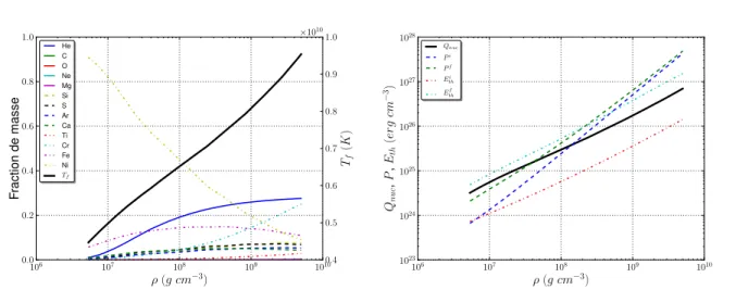 Figure 3.2 – A gauche : Composition et temp´erature finales en fonction de la densit´e dans nos simu- simu-lations de combustion isochore de temp´erature initiale T = 2 × 10 9 K