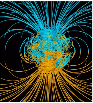 Fig. 1.1 – Résultat d’une simulation de Glatzmaier et Roberts (1995) reproduisant la structure du champ magnétique terrestre.