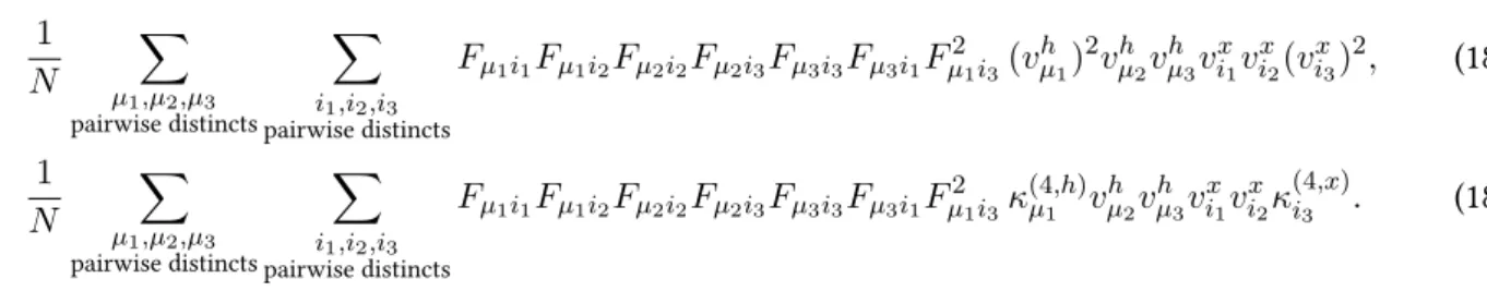 diagram of Fig. 7, two possible contributions to the free entropy at order 8 would be: 1 N X µ 1 ,µ 2 ,µ 3 pairwise distincts Xi1,i2 ,i 3 pairwise distincts F µ 1 i 1 F µ 1 i 2 F µ 2 i 2 F µ 2 i 3 F µ 3 i 3 F µ 3 i 1 F µ2 1 i 3 (v µh 1 ) 2 v µh 2 v h µ 3 v