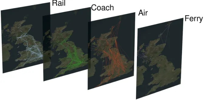 FIG. 1: National Public Transport Network in Great Britain. The dataset allows the study of the characteristics of the Public Transport Network at a national scale: the inter-urban connections are through Rail, Air and Coach layer